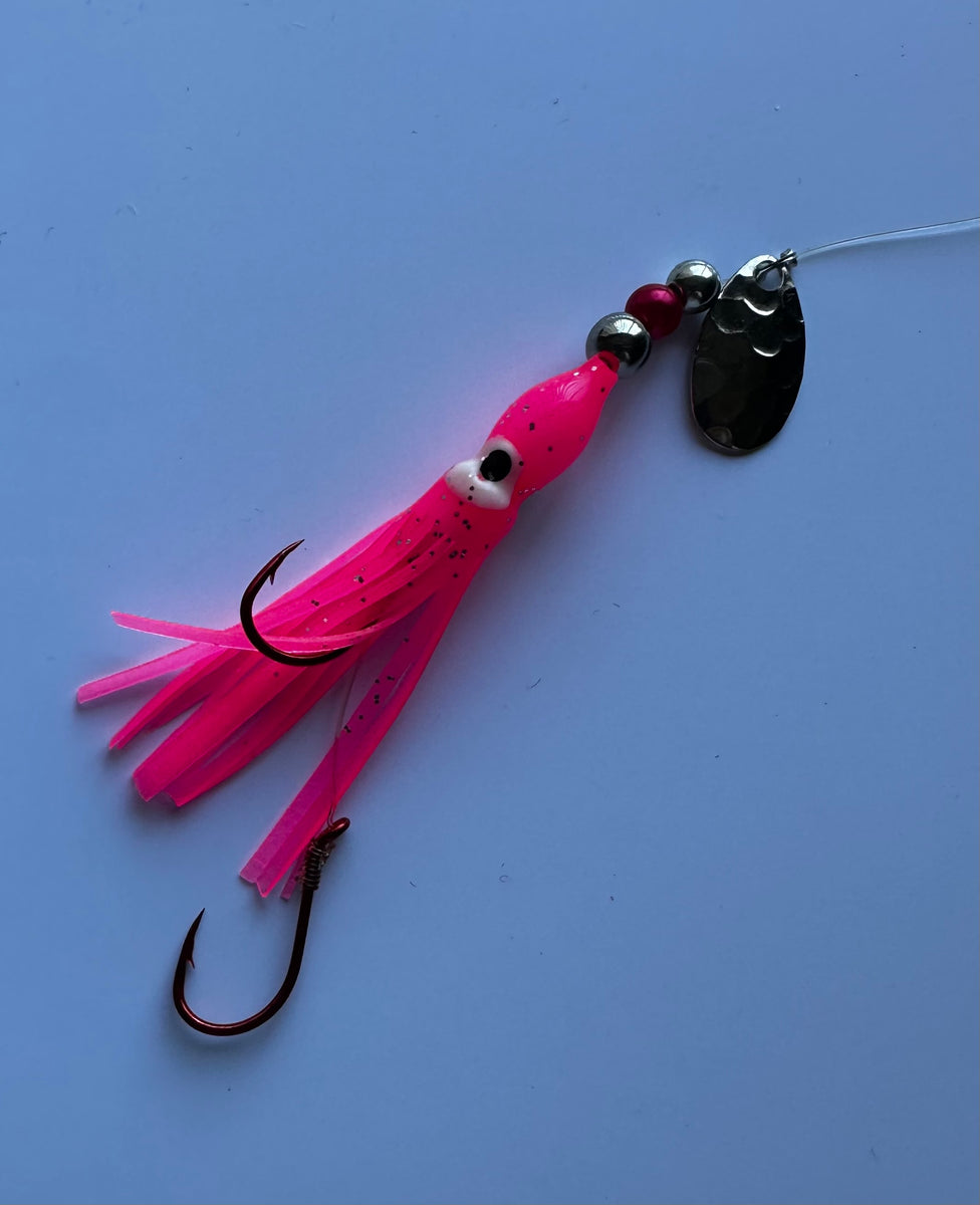 Salmon Tackle-Hot Pink #2- 2/0 Treble- Luminous Salmon Hoochie w/Hammered  Nickel Colorado Spinner Blade- *Best New Salmon Catching Lure on the  Market!