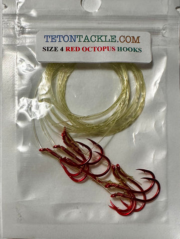 Hooks - Size 4 Red Octopus Pre-tied Hooks- 5-Pack