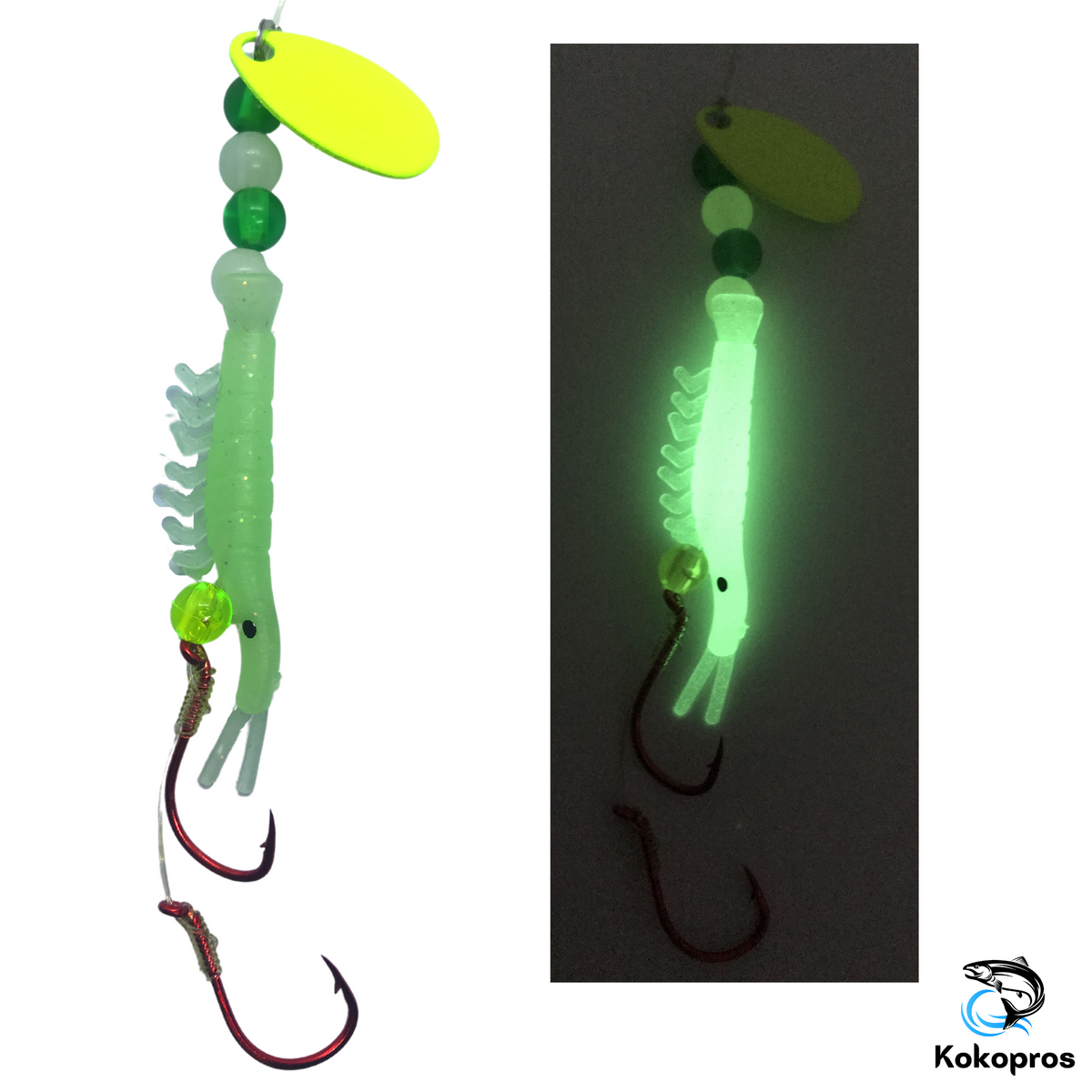 Plastic Shrimp Squid Jig Hook Wood Shrimps Glow In Dark 4# Cloth