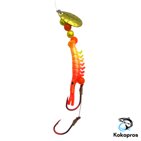 Shrimp - UV Micro Shrimp #07 - Orange and Yellow with Brass Spinner Blade