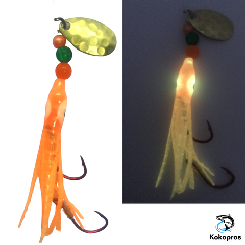 Micro Hoochie- Tangerine # 5 - Luminous Micro Hoochie with Brass Spinner Blade