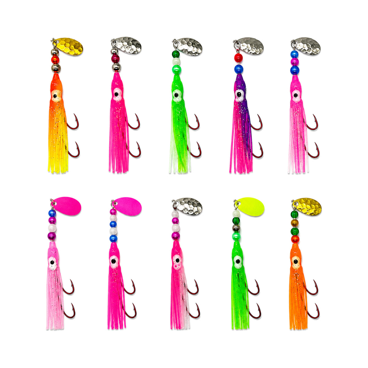 *KOKOPROS® Hoochies 10 Pack -Glow Fresh water Kokanee Salmon Trolling Lures with Pre-Rigged Octopus Hooks - Spinner Blades, Synthetic Skirts Kokanee Hoochies for Salmon Fishing