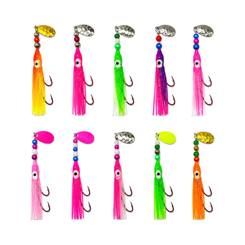 *KOKOPROS® Hoochies 10 Pack -Glow Fresh water Kokanee Salmon Trolling Lures with Pre-Rigged Octopus Hooks - Spinner Blades, Synthetic Skirts Kokanee Hoochies for Salmon Fishing