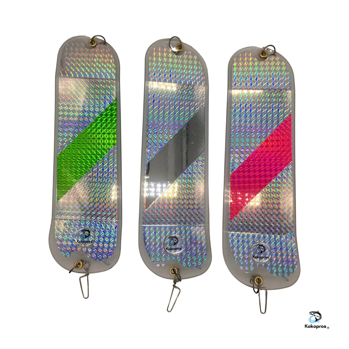 KOKOPROS® 11 Inch Salmon Flashers 3 Pack - Hot Pink, Green Stripe & Chrome - 360-Degree Rotation for Salmon & Trout Fishing - Heavy-Duty Hardware, Easy to Use