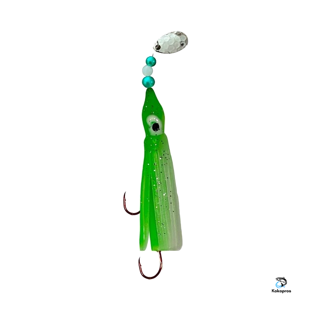 KOKOPROS® Green and White luminous octopus hoochie 6 cm close-up