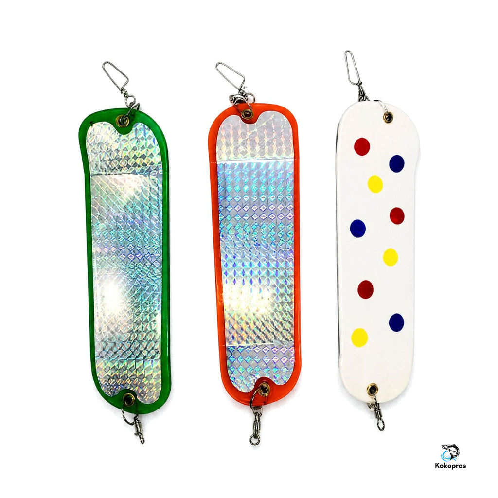 KOKOPROS® Green, Orange and Wonder Machine salmon flashers, 8 1/2-inch, 3-pack