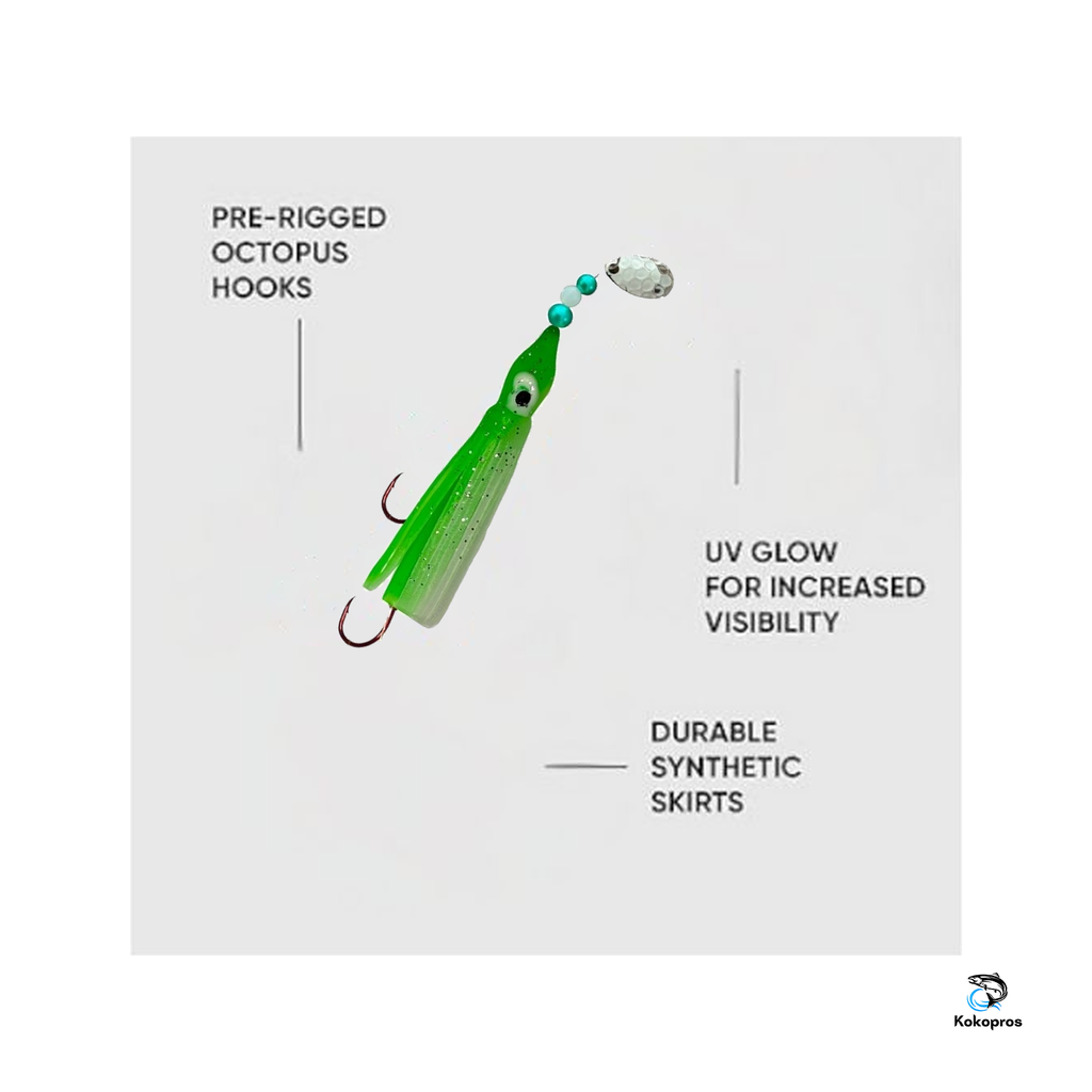 KOKOPROS® Green and White octopus hoochie features