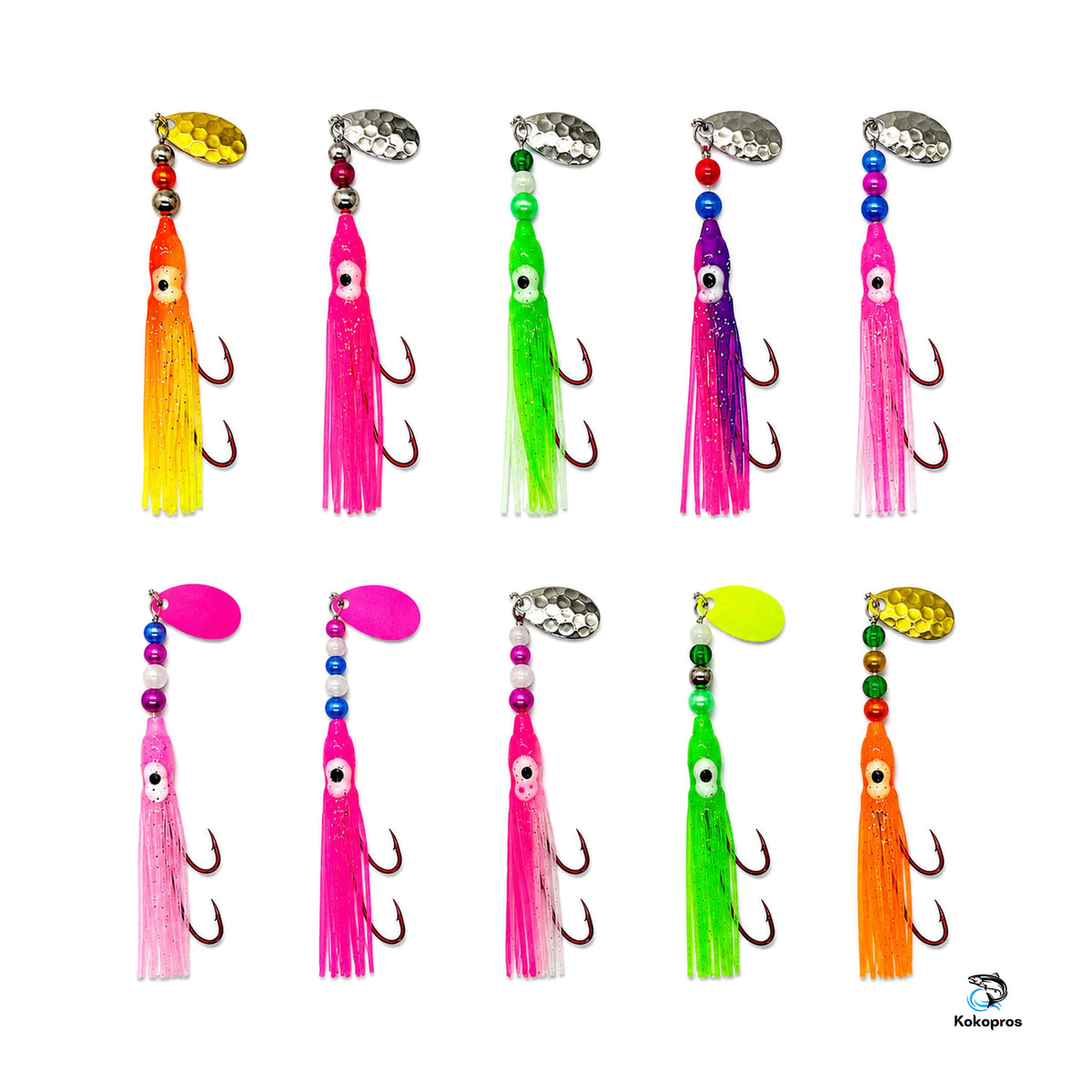*KOKOPROS® Hoochies 10 Pack -Glow Fresh water Kokanee Salmon Trolling Lures with Pre-Rigged Octopus Hooks - Spinner Blades, Synthetic Skirts Kokanee Hoochies for Salmon Fishing