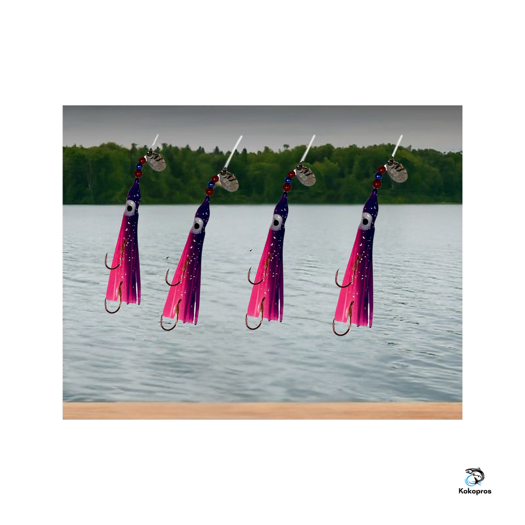 KOKOPROS® Pink and Purple octopus hoochies 6 cm at a mountain lake