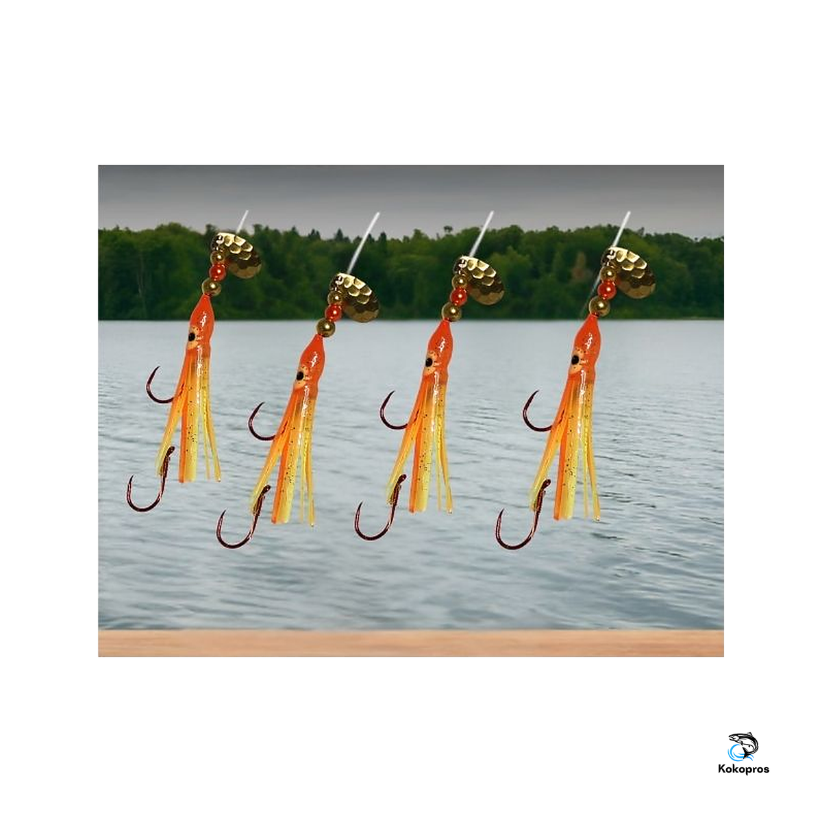 KOKOPROS® Orange Chartreuse octopus hoochies 6 cm at a mountain lake