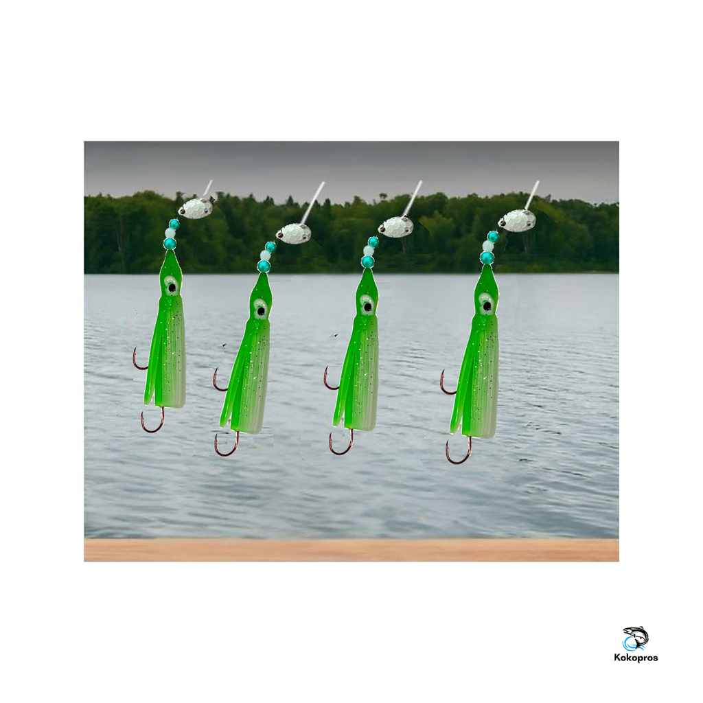 KOKOPROS® Green and White octopus hoochies 6 cm at a mountain lake