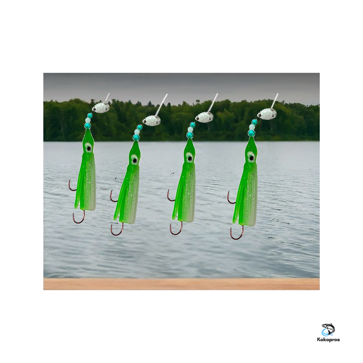 KOKOPROS® Green and White octopus hoochies 6 cm at a mountain lake