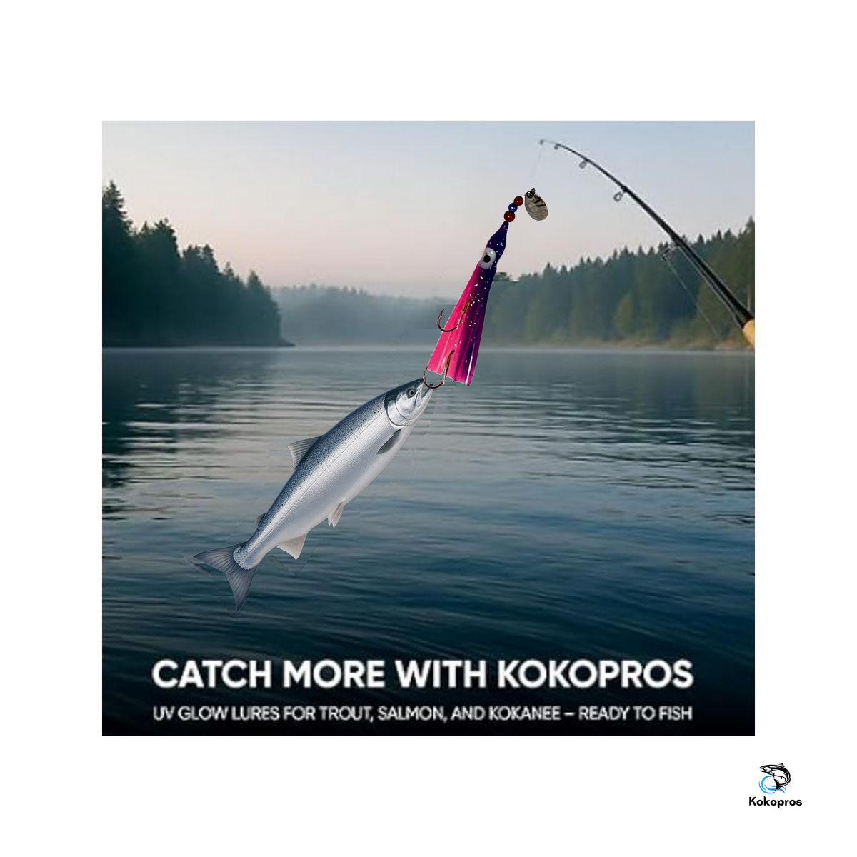 KOKOPROS® Pink and Purple octopus hoochie with a kokanee salmon chasing it