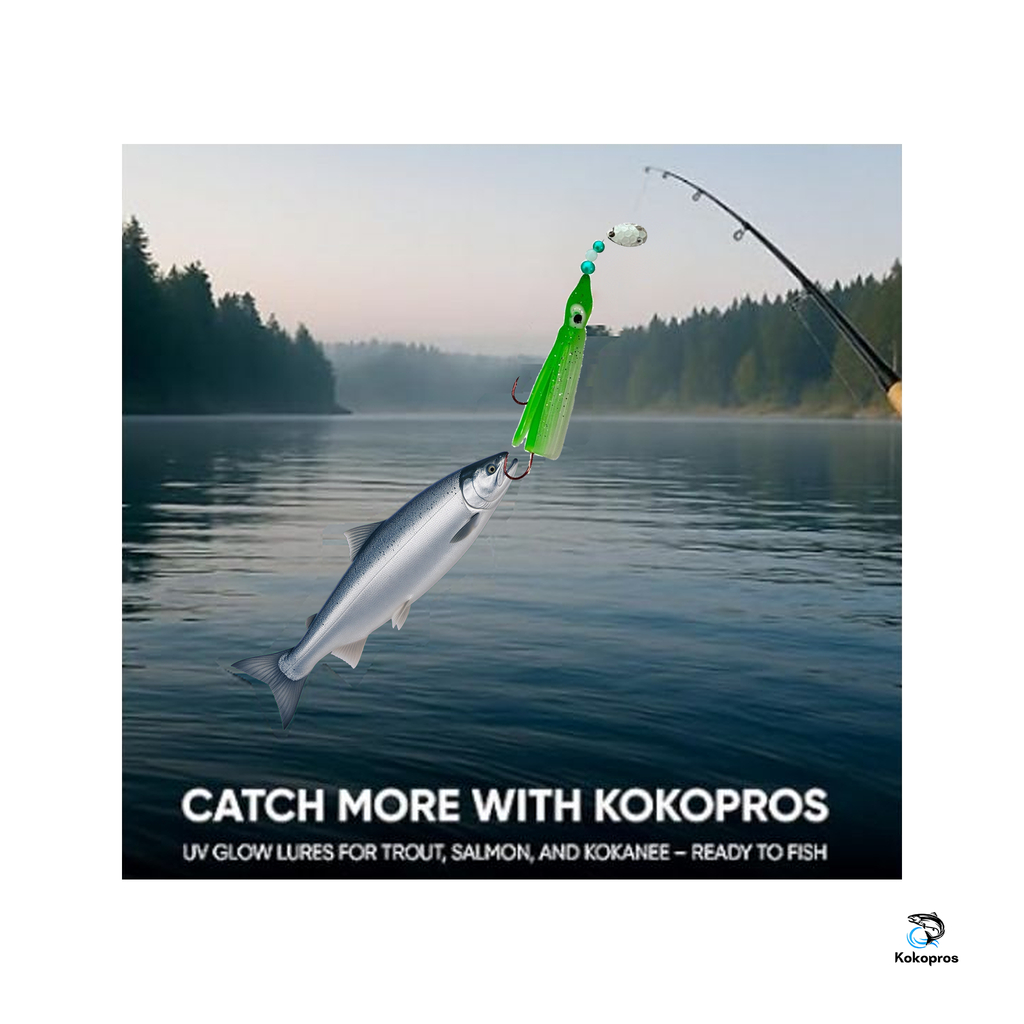 KOKOPROS® Green and White octopus hoochie with a kokanee salmon chasing it