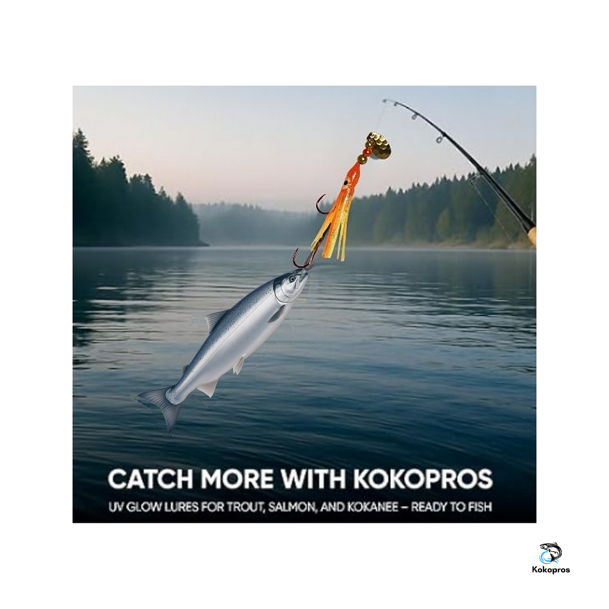 KOKOPROS® Orange Chartreuse octopus hoochie with a kokanee salmon chasing it