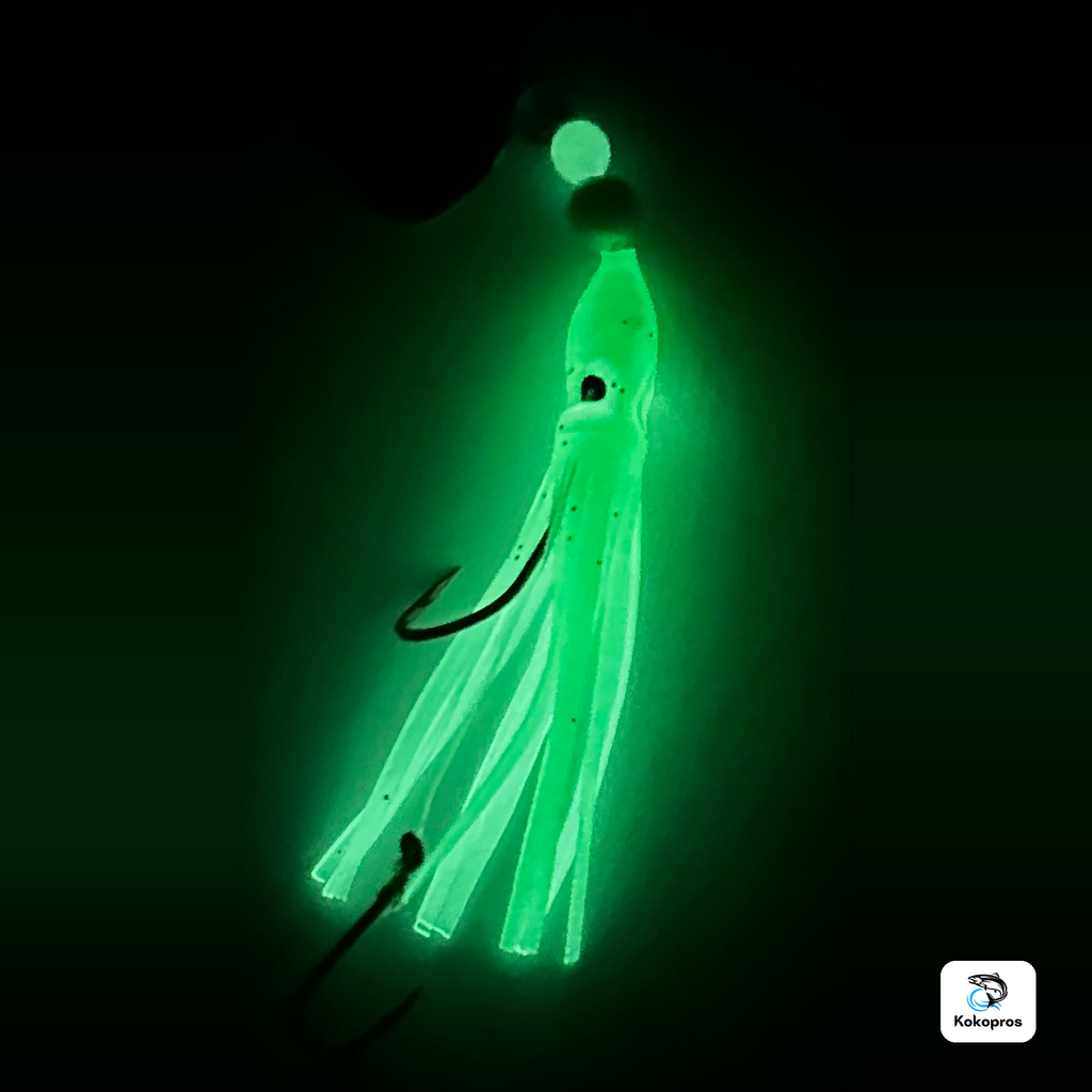 KOKOPROS® Green and White luminous octopus hoochie glowing in the dark