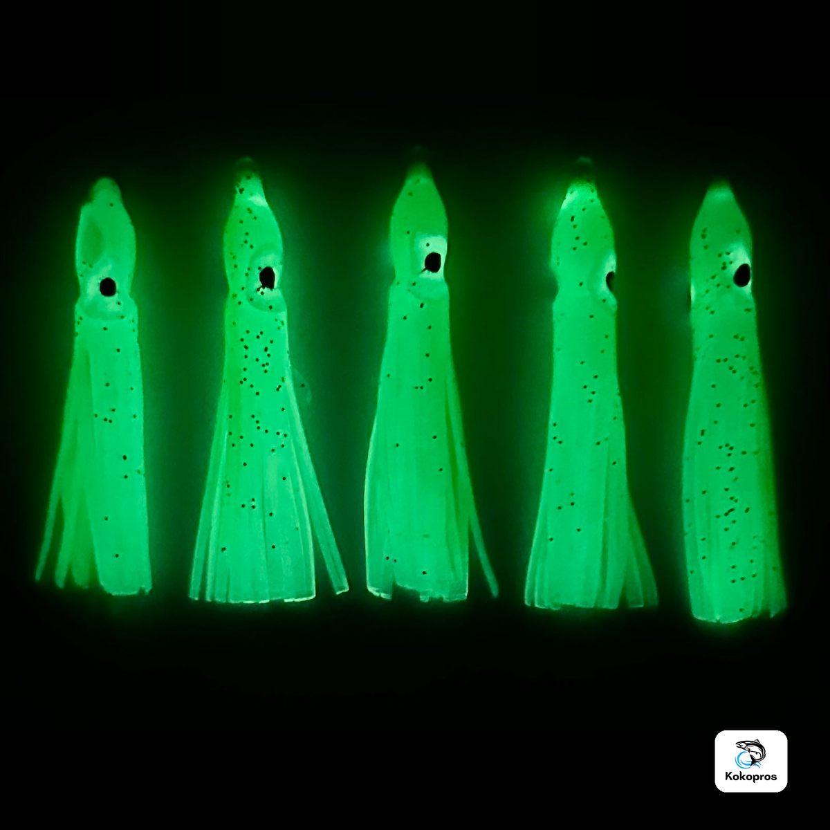 KOKOPROS® 5 Green and White luminous hoochies glowing in the dark