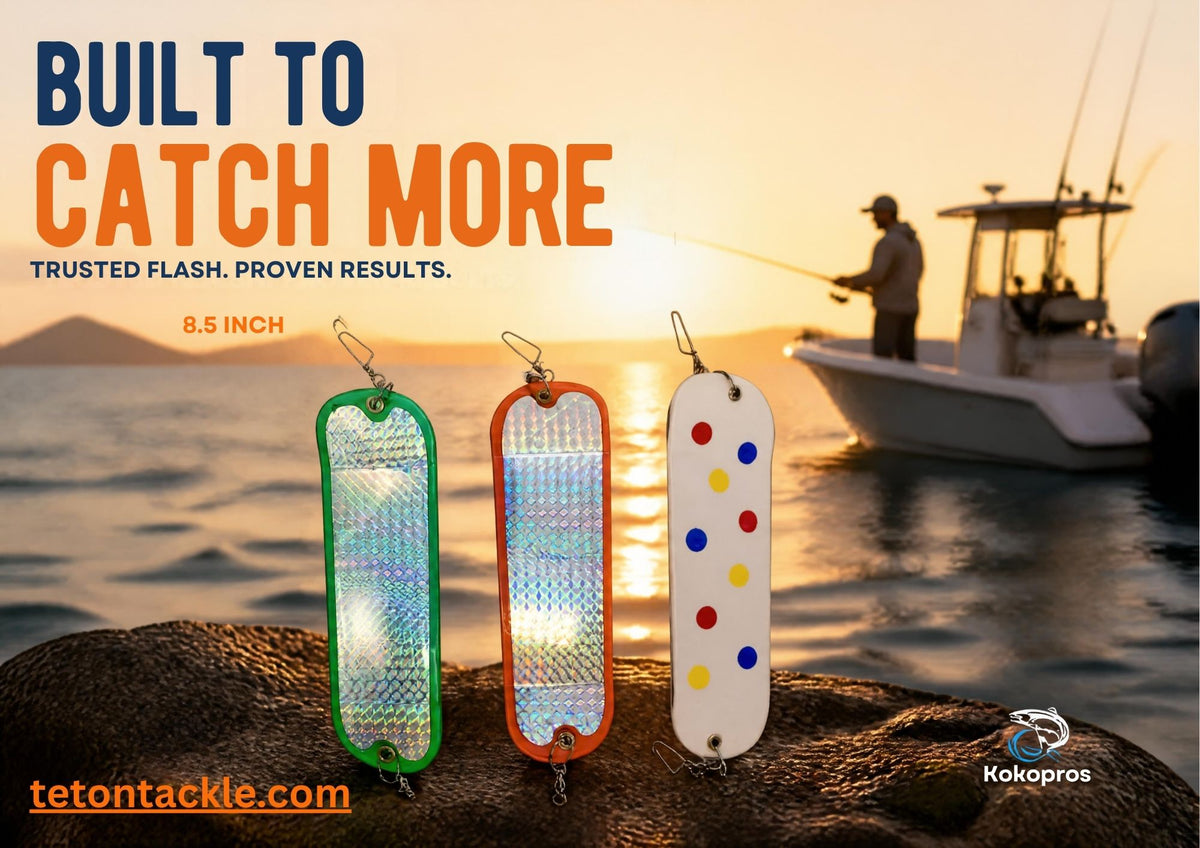 KOKOPROS ® Salmon Fishing Flashers *8 1/2 in  3 PK- Green Machine, Orange Machine & Wonder Machine.