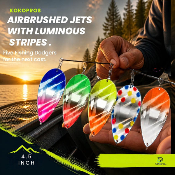 KOKOPROS® Jet Squadron 5 PK Airbrushed Jet Dodgers 4 1/2-inch for Kokanee Salmon Fishing