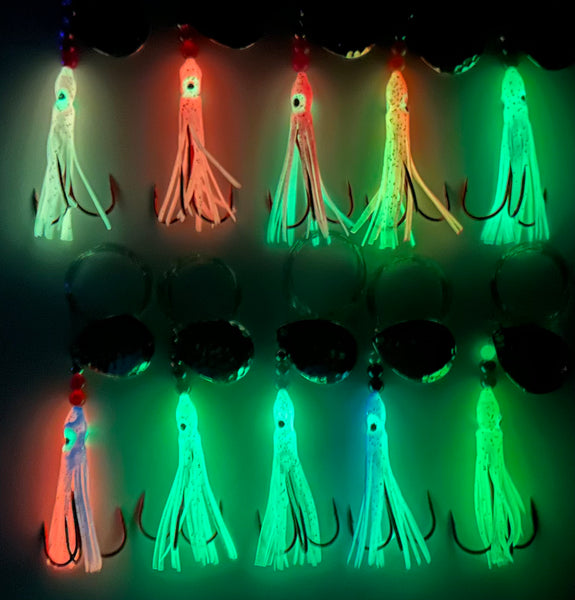 Kits - 10-Pack Chinook Luminous Salmon Hoochie Kit # 2- tied with 2/0 Red Treble Hooks- 10 Colors