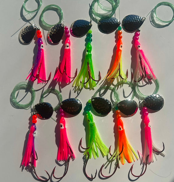 Kit - Salmon Hoochie 10-Pack Special (5) 2/0 Trebles and 5) 4/0 Snell Hooks) w/Hammered Nickel Colorado Spinner Blades