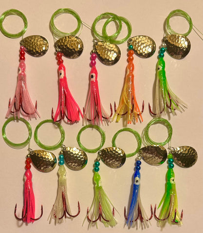 Kits - 10-Pack Chinook Luminous Salmon Hoochie Kit # 2- tied with 2/0 Red Treble Hooks- 10 Colors