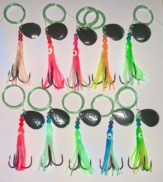 Kits - 10-Pack Chinook Luminous Salmon Hoochie Kit # 2- tied with 2/0 Red Treble Hooks- 10 Colors