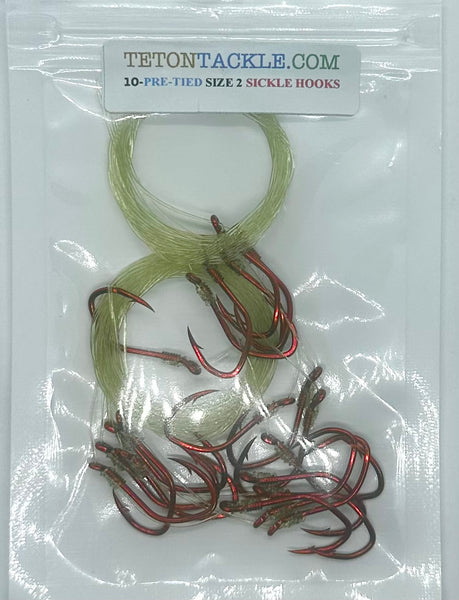 Hooks - Size #2  Pre-Tied Red Sickle Hooks -10 Pack