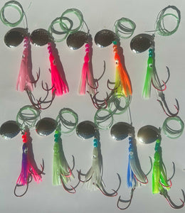 Kits- Salmon Hoochie's with 4/0 Octopus Hooks tied on 40 Lb Test Trilene Big Game Line and Hammered Nickel Colorado Spinner Blades