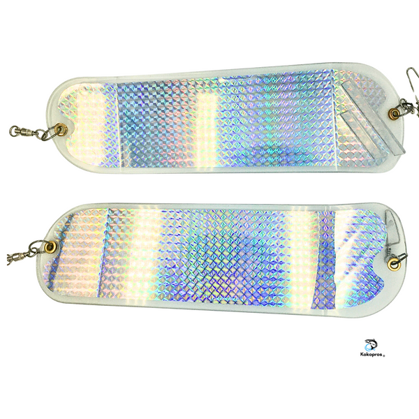 KOKOPROS®   Large 11 Inch Holographic Silver Machine Salmon Flasher 2 Pk Includes 360° Rotation Fins - Heavy Duty Hardware - Great for Salmon and Trout - Easy to Use