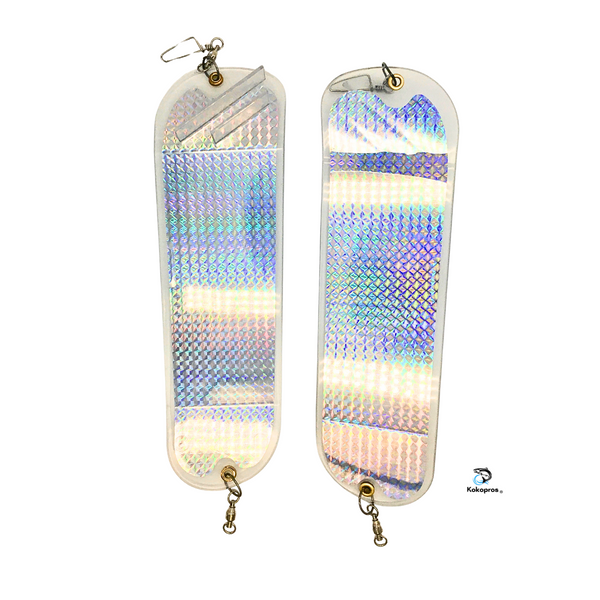 KOKOPROS®   Large 11 Inch Holographic Silver Machine Salmon Flasher 2 Pk Includes 360° Rotation Fins - Heavy Duty Hardware - Great for Salmon and Trout - Easy to Use