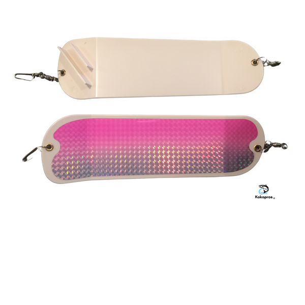 KOKOPROS®  Large 11 Inch  Holographic Silver / Pink Machine  Salmon Flasher 2 PK Includes 360° Rotation Fins - Heavy Duty Hardware - Great for Salmon and Trout - Easy to Use