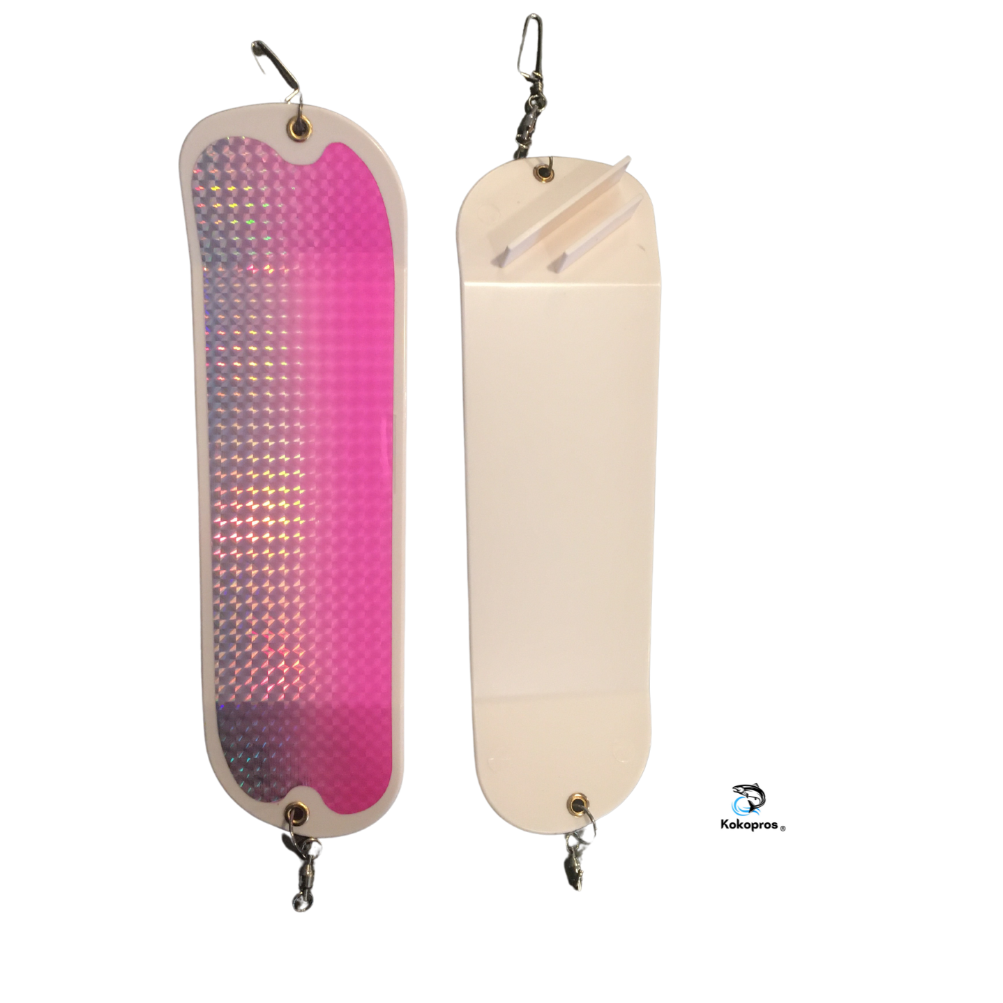 KOKOPROS®  Large 11 Inch  Holographic Silver / Pink Machine  Salmon Flasher 2 PK Includes 360° Rotation Fins - Heavy Duty Hardware - Great for Salmon and Trout - Easy to Use