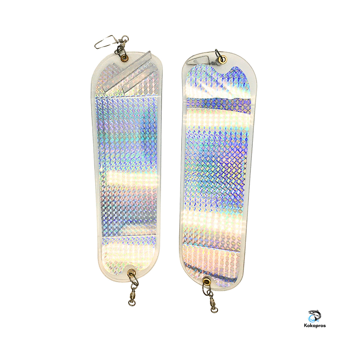 KOKOPROS®   Large 11 Inch Holographic Silver Machine Salmon Flasher 2 Pk Includes 360° Rotation Fins - Heavy Duty Hardware - Great for Salmon and Trout - Easy to Use