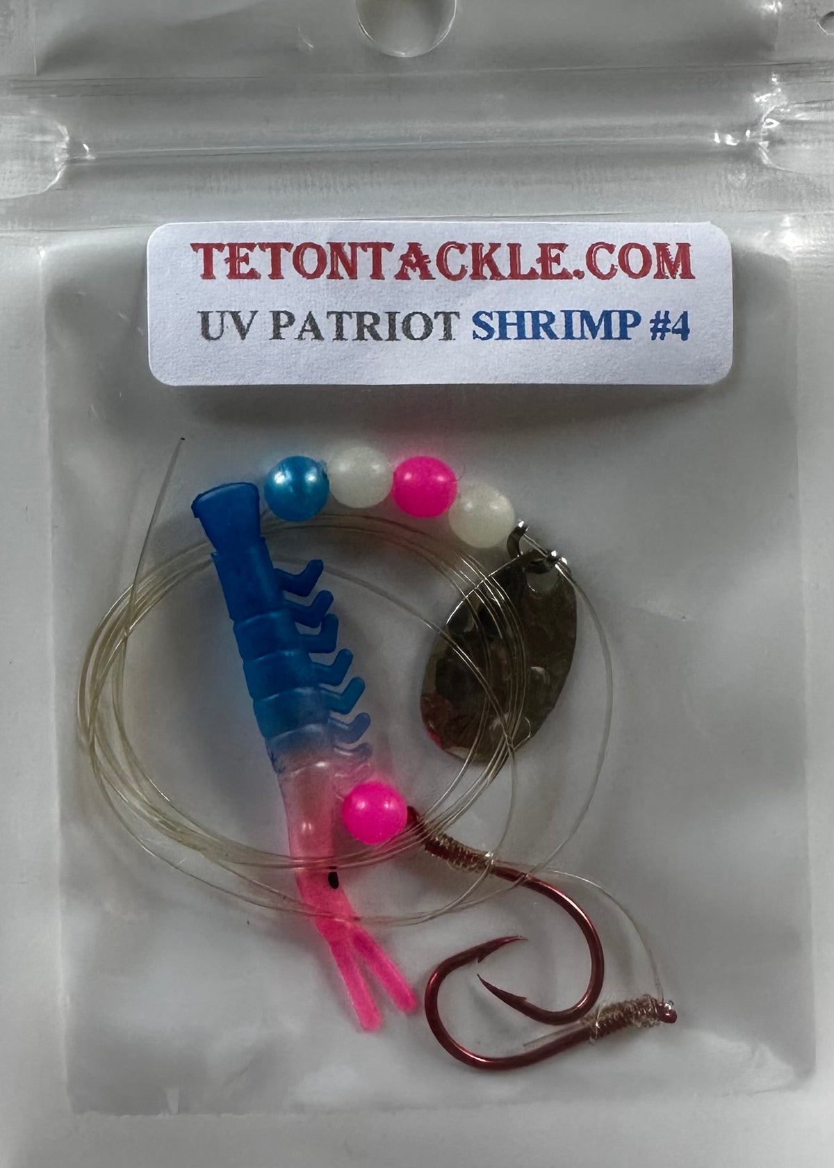 KOKOPROS® UV micro shrimp #04, Patriot, nickel spinner blade, in packaging
