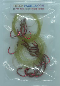 Hooks - Size #4 Pre-Tied Red Sickle Hooks- 10 packs