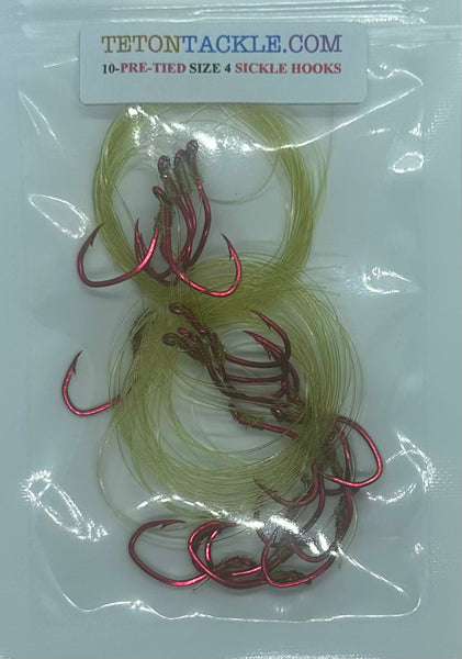 Hooks - Size #4 Pre-Tied Red Sickle Hooks- 10 packs