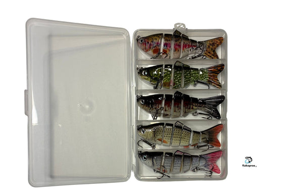 KOKOPROS® Bass Fishing Jointed Minnow Lures Multicolor 5- Pack with case.