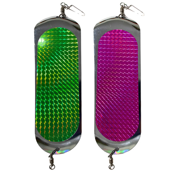 KOKOPROS® Salmon Fishing Flasher 8 1/2 in.  Purple and Green (2 PK) Bright Vibrant Colors for Attracting Fish - Durable Construction for Trolling Rigs