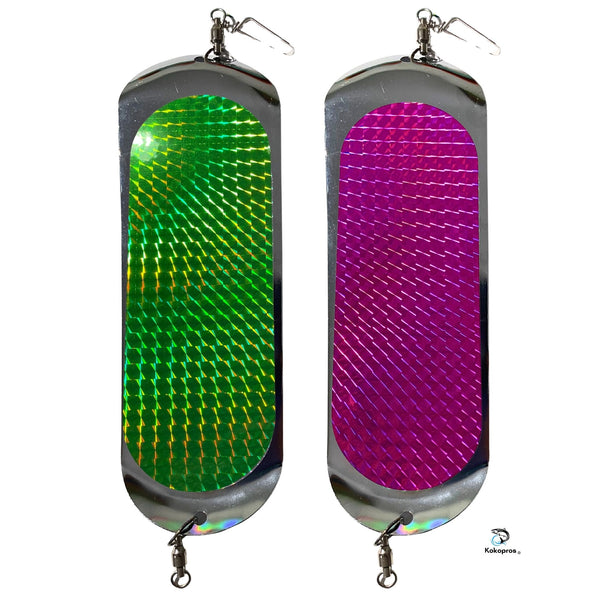 KOKOPROS® Salmon Fishing Flasher 8 1/2 in.  Purple and Green (2 PK) Bright Vibrant Colors for Attracting Fish - Durable Construction for Trolling Rigs