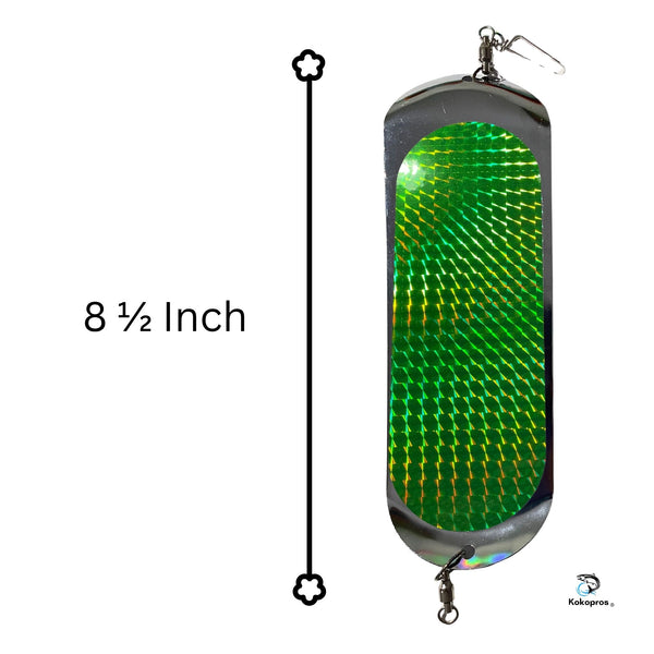 KOKOPROS® Salmon Fishing Flasher 8 1/2 in.  Purple and Green (2 PK) Bright Vibrant Colors for Attracting Fish - Durable Construction for Trolling Rigs