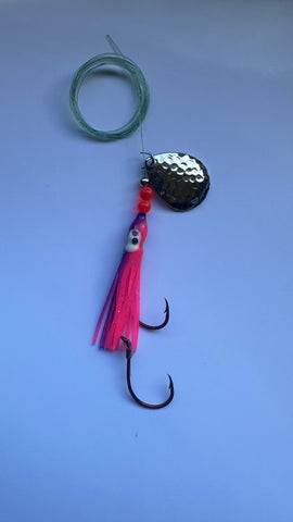 Salmon Tackle -Purple and Pink #6 - Luminous Salmon Hoochie tied on 40 Lb Test Trilene Big Game Line with a Hammered Nickel Colorado Spinner Blade