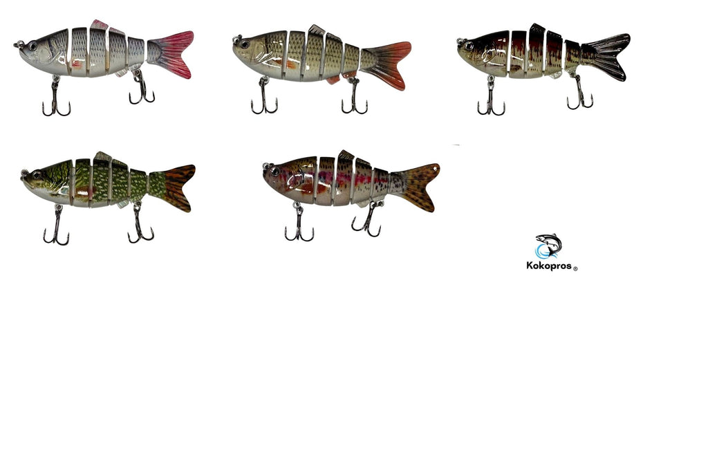 KOKOPROS® multicolor jointed minnow bass lures, 5-pack with case