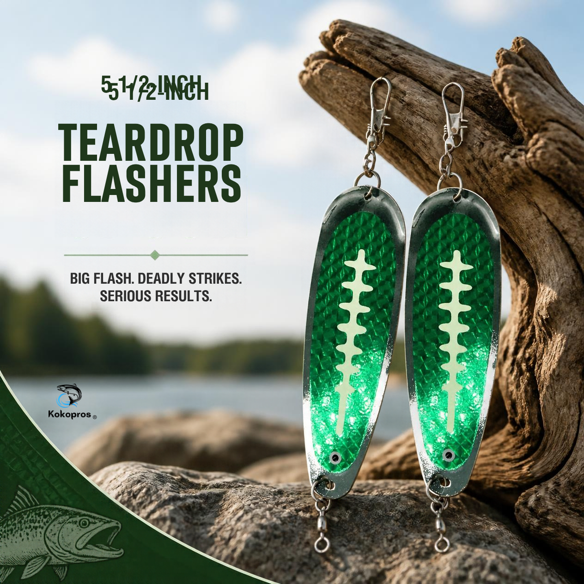 KOKOPROS® chrome-plated green teardrop flashers with ladders, 5 1/2-inch, 2-pack, lifestyle scene