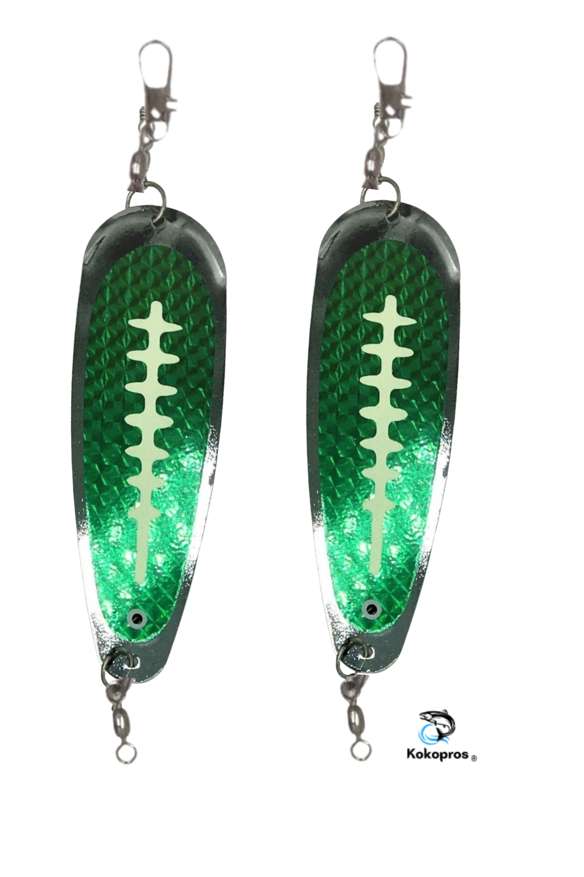 KOKOPROS® chrome-plated green teardrop flashers with ladders, 5 1/2-inch, 2-pack