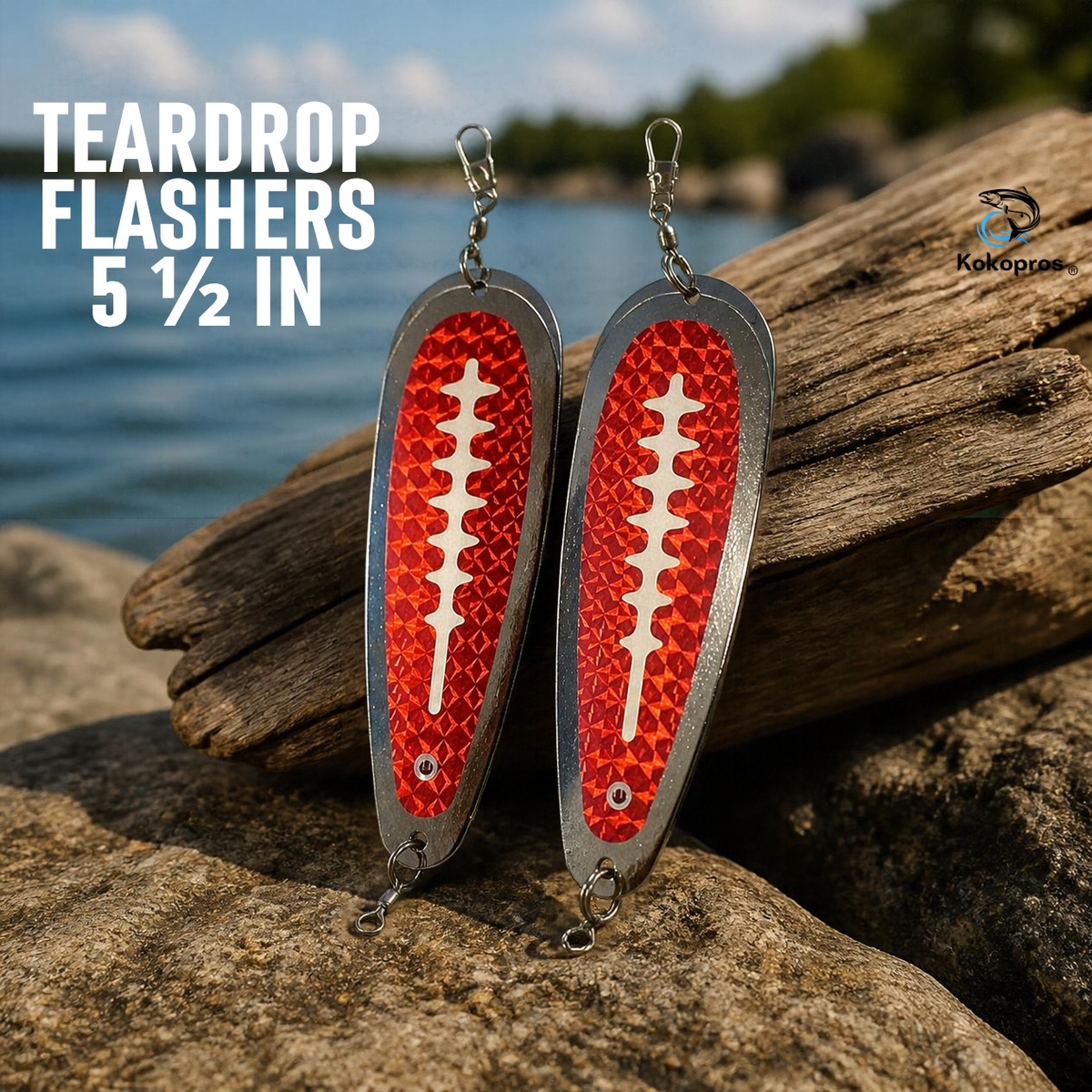 KOKOPROS® chrome-plated red teardrop flashers with ladders, 5 1/2-inch, 2-pack, lifestyle scene