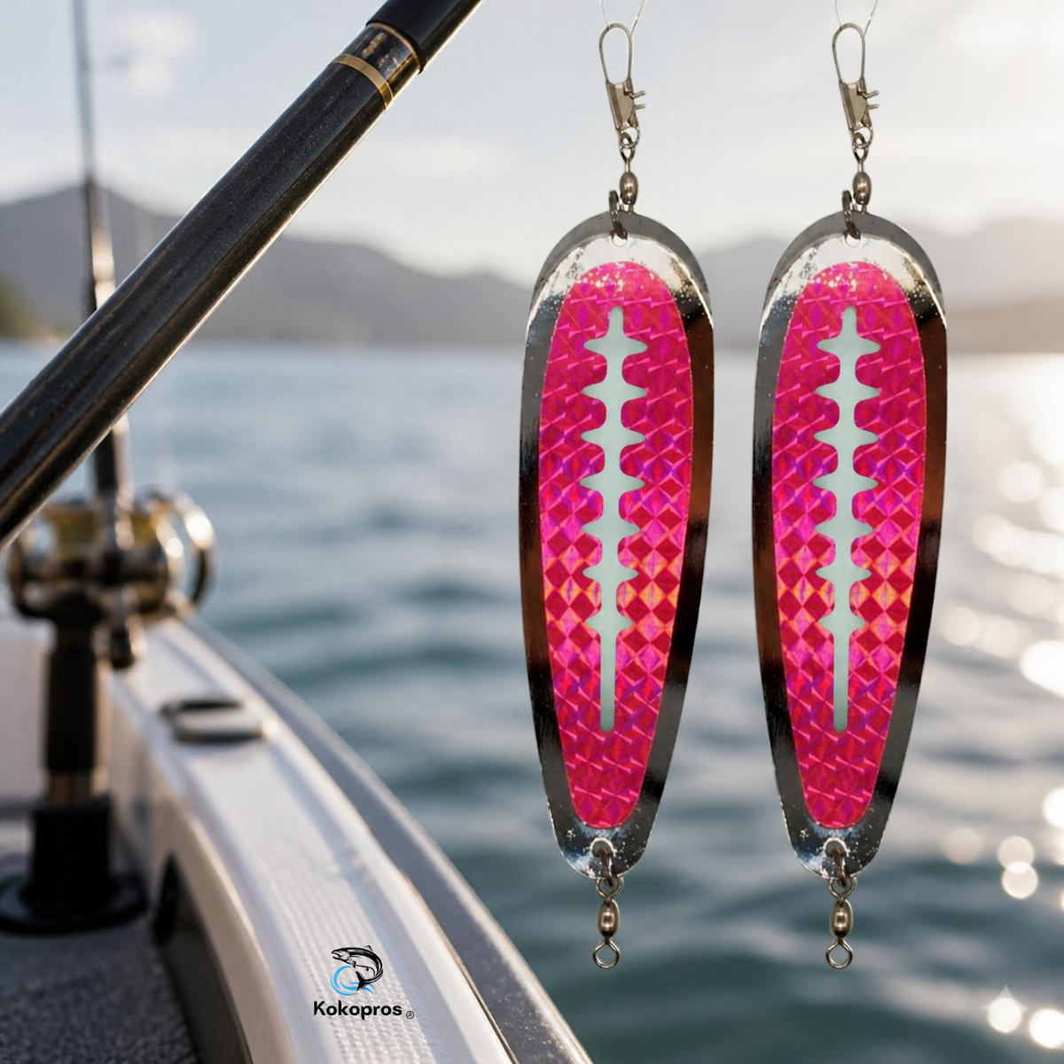 KOKOPROS® chrome-plated pink teardrop flashers with ladders, 5 1/2-inch, 2-pack, lifestyle scene