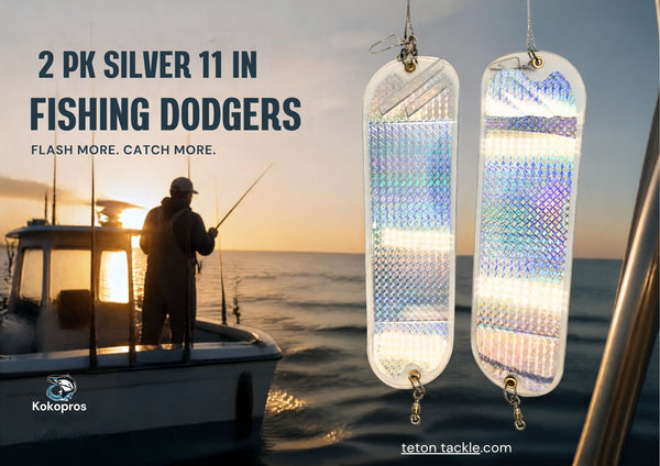 KOKOPROS®   Large 11 Inch Holographic Silver Machine Salmon Flasher 2 Pk Includes 360° Rotation Fins - Heavy Duty Hardware - Great for Salmon and Trout - Easy to Use