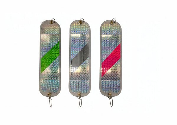 KOKOPROS® 11 Inch Salmon Flashers 3 Pack - Hot Pink, Green Stripe & Chrome - 360-Degree Rotation for Salmon & Trout Fishing - Heavy-Duty Hardware, Easy to Use