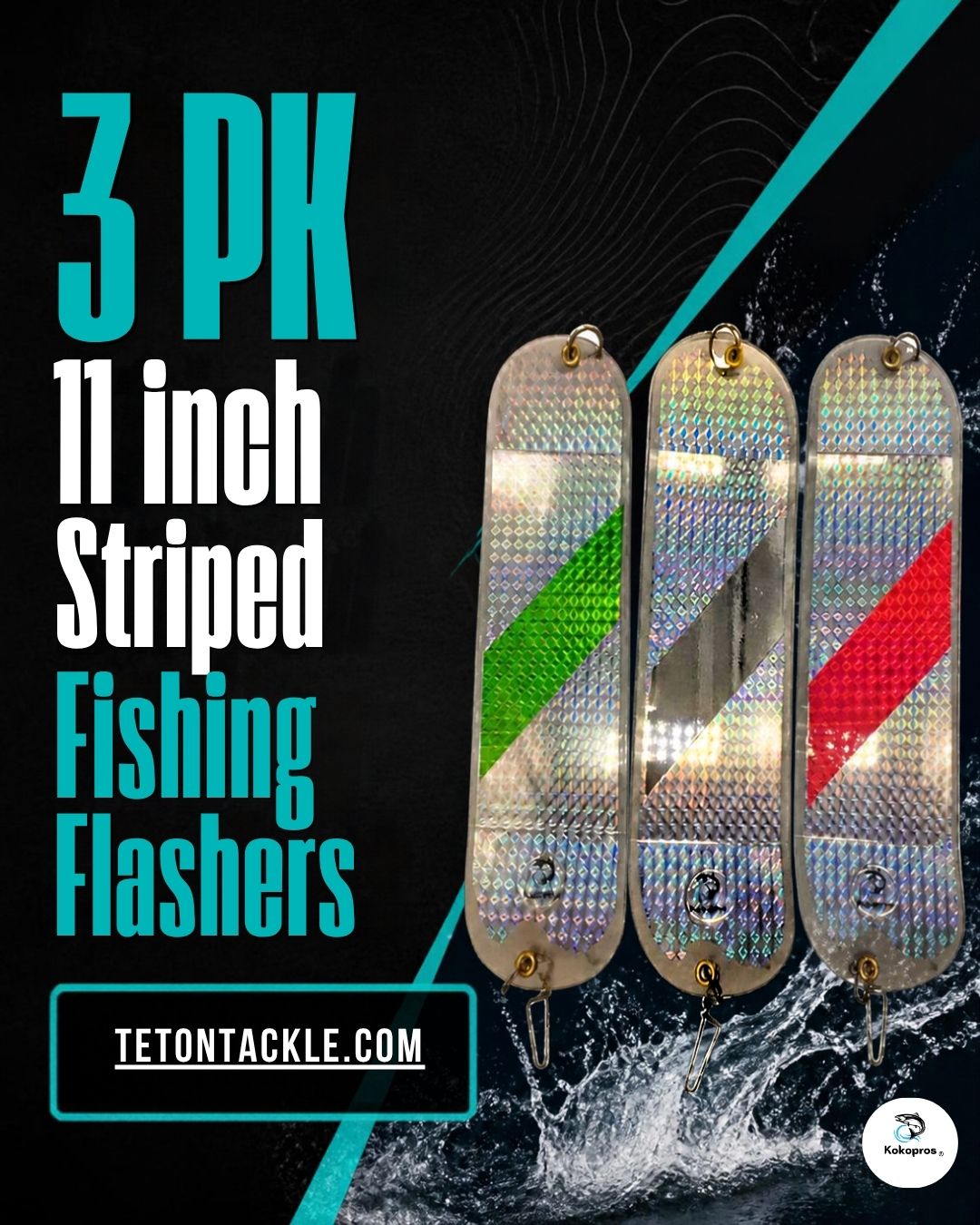 KOKOPROS® 11 Inch Salmon Flashers 3 Pack - Hot Pink, Green Stripe & Chrome - 360-Degree Rotation for Salmon & Trout Fishing - Heavy-Duty Hardware, Easy to Use